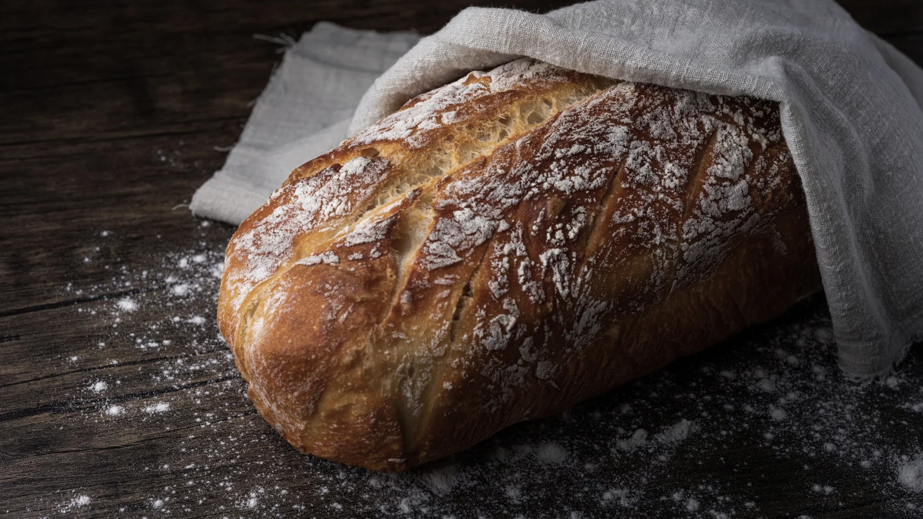 A golden sourdough loaf with a flour-dusted crust, ready to slice